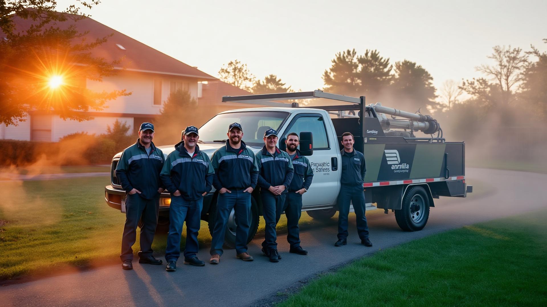 M&I Lawncare crew at sunrise beside a branded service truck