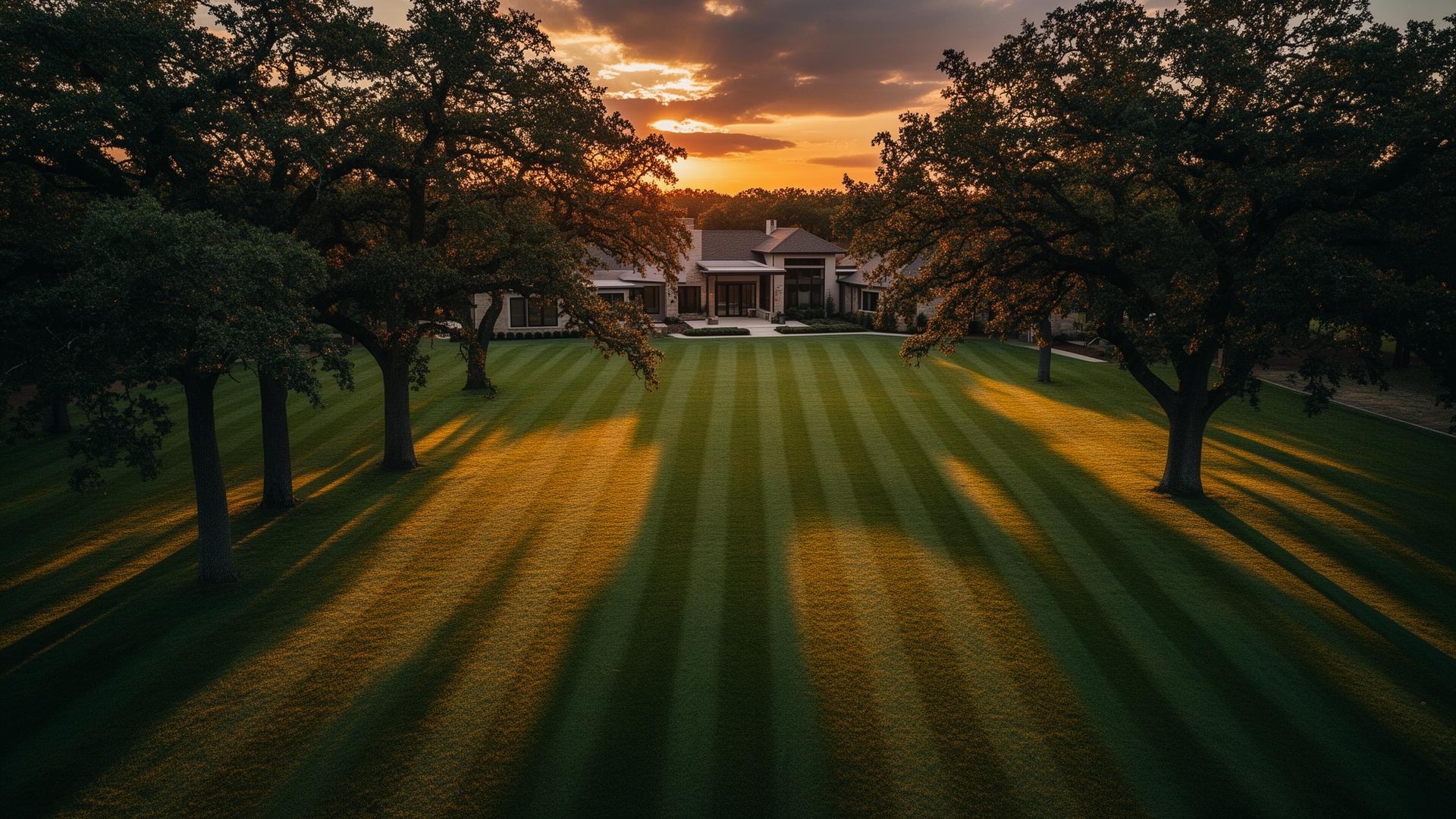 Estate property at golden hour with manicured striped lawn