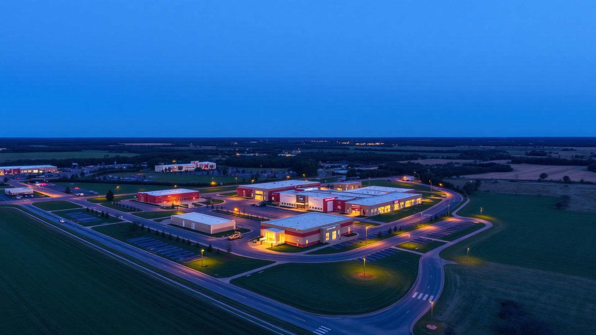 Aerial dusk view of commercial property complex with manicured grounds