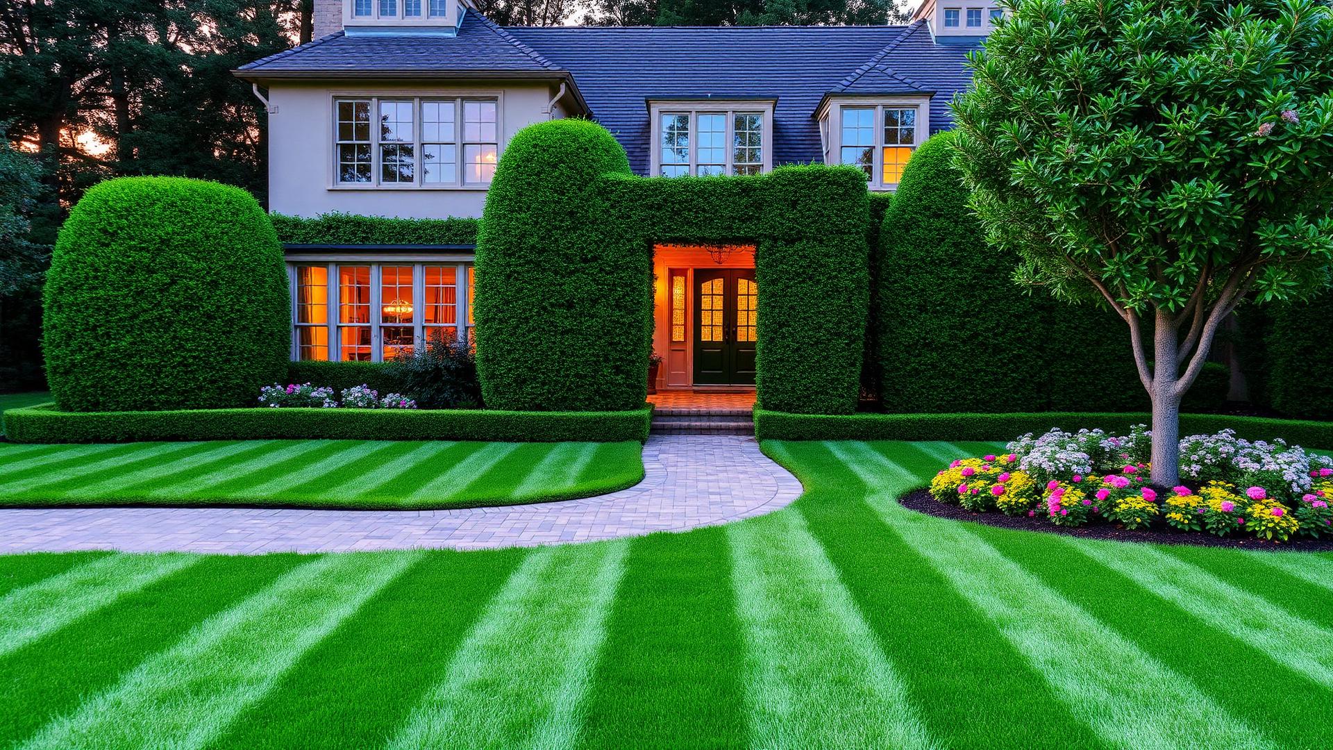 Luxury estate front yard with sculpted hedges and striped lawn