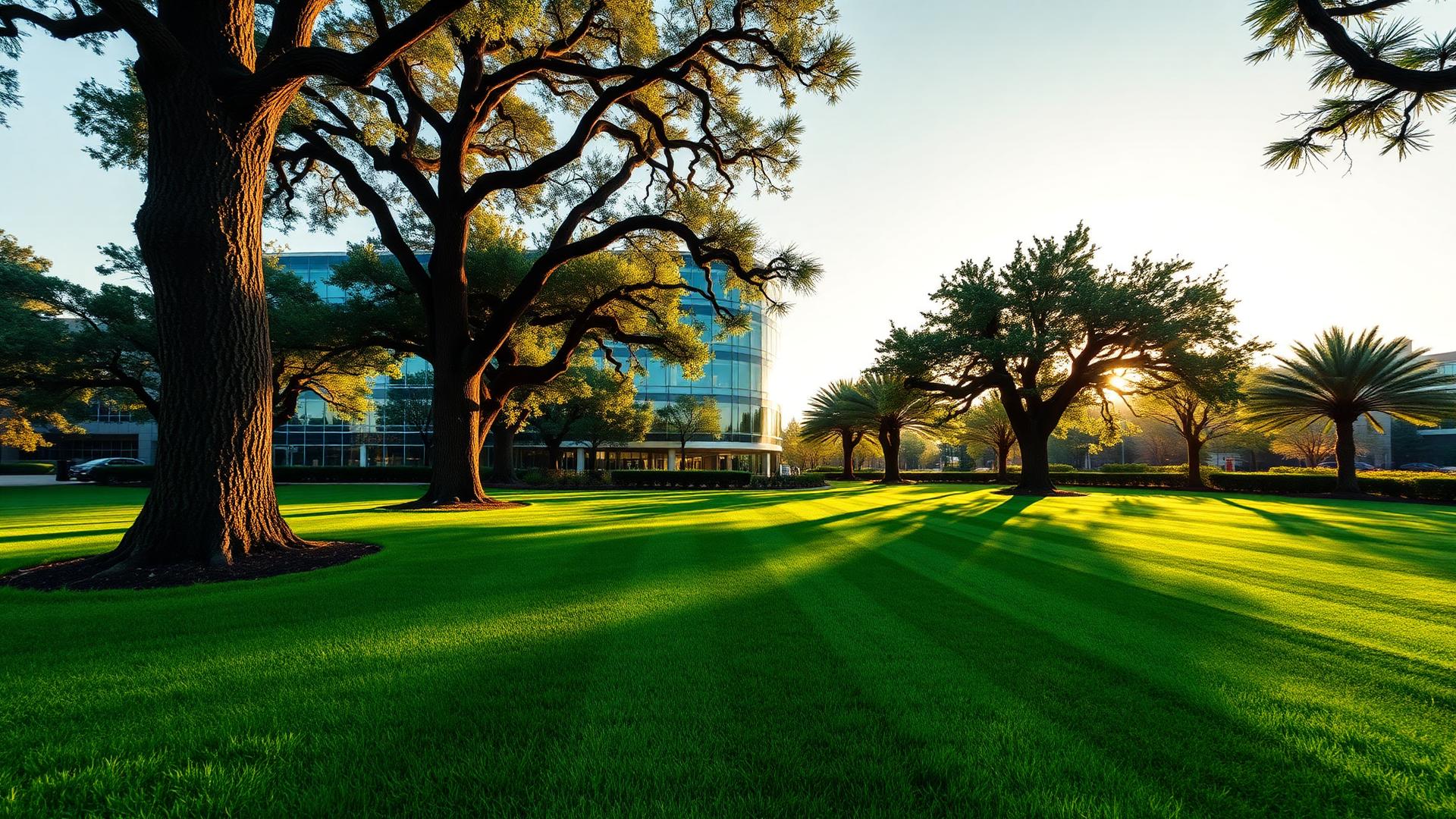 Manicured corporate lawn at golden hour